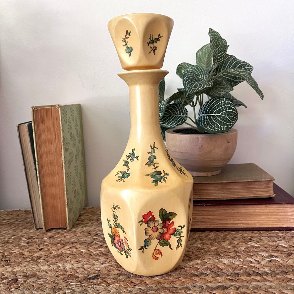 Vintage Yellow Decanter with Floral Motifs Faceted Body Glass Bottom Barware